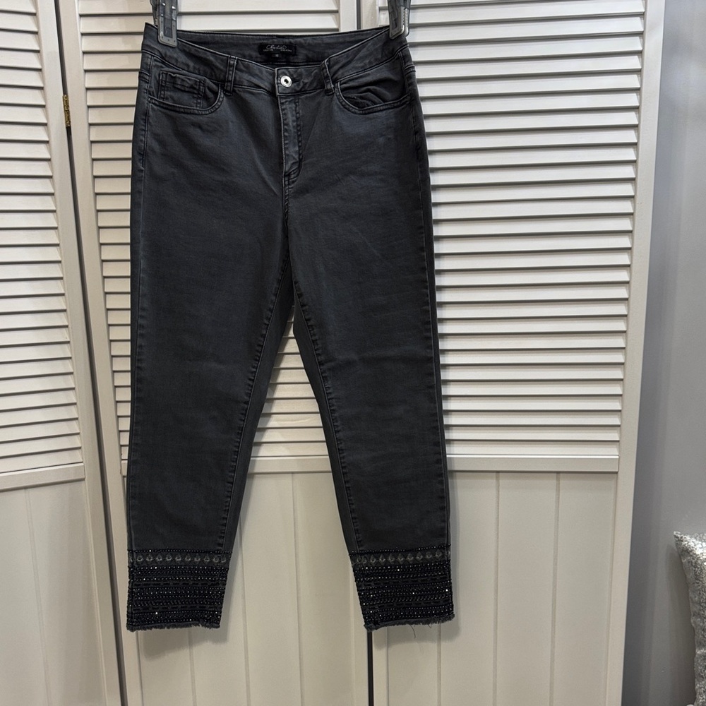 CHARLIE B Black Cropped Jeans with Embellished Hem